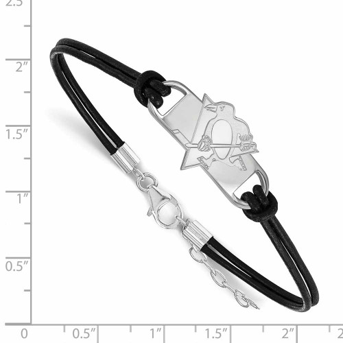 Image of 7" Sterling Silver NHL Pittsburgh Penguins Small Center Leather Bracelet by LogoArt