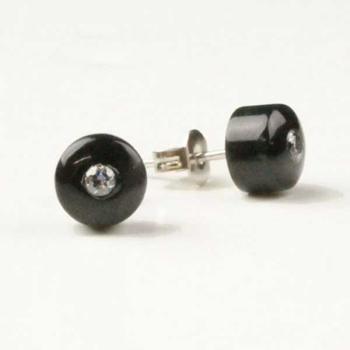 Image of 7mm Round Black Genuine Natural Nephrite Jade Stud Earrings w/ CZ