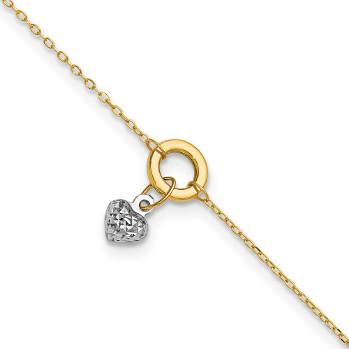 9" + 1" 14K Yellow & White Gold Circle/ Shiny-Cut Puffed Heart Anklet