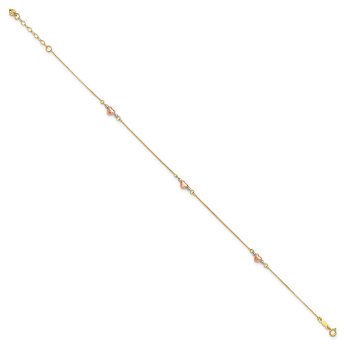Image of 9" 14k Yellow, White & Rose Gold Adjustable Puffed Heart Anklet