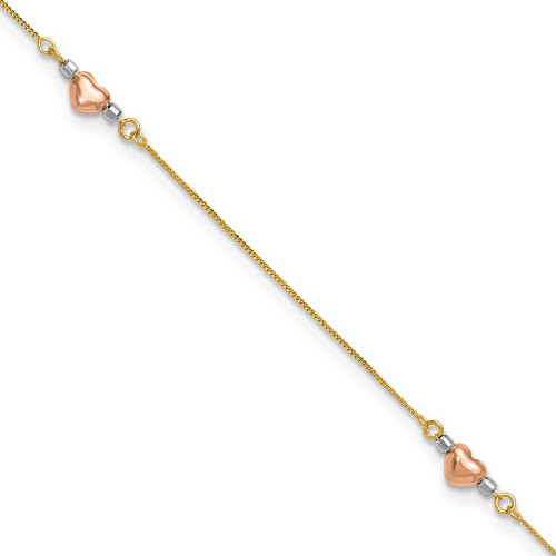 Image of 9" 14k Yellow, White & Rose Gold Adjustable Puffed Heart Anklet