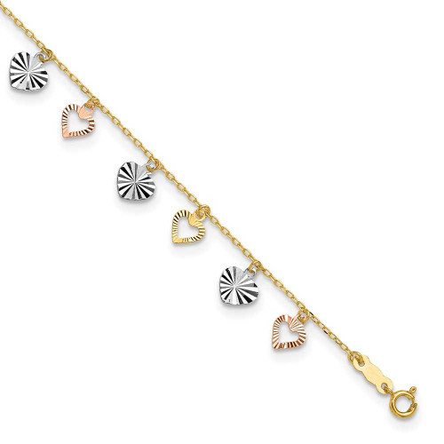 Image of 9" Adjustable 14K Yellow, White & Rose Gold Heart Anklet
