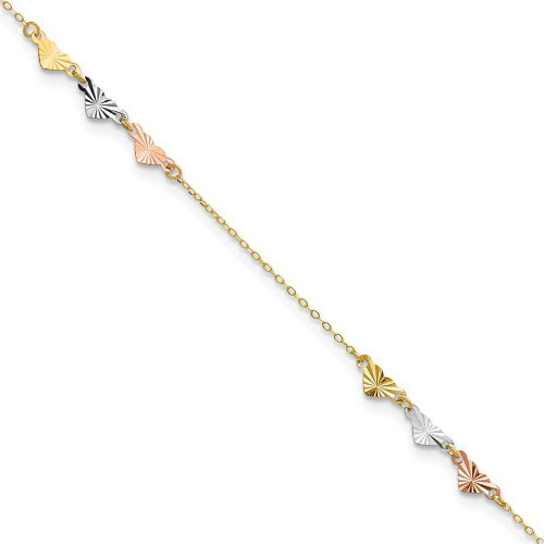 Image of 9" Adjustable 14K Yellow, White & Rose Gold Triple Heart Anklet