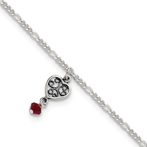 Image of 9" Sterling Silver Antiqued Dark Pink Synthetic Crystals Dangling Hearts Anklet