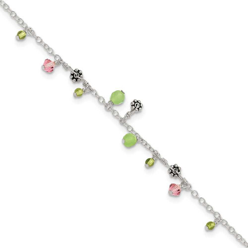 Image of 9" Sterling Silver Pink Synthetic Crystal/Green Quartz & Peridot Ankle Bracelet