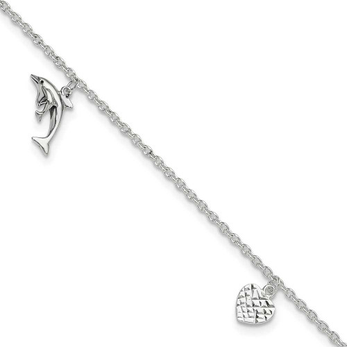 Image of 9" Sterling Silver Polished Heart, Star & Dolphin Anklet