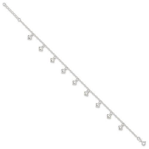 Image of 9" Sterling Silver Polished Puffed Dangle Heart Anklet