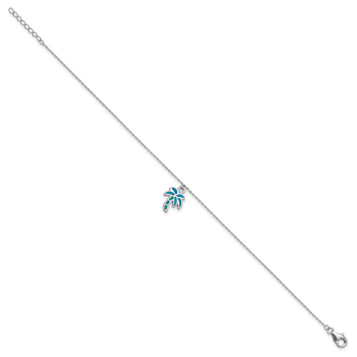 Image of 9" Sterling Silver Rhodium-Plated Lab-Created Blue Opal Palm Tree Anklet