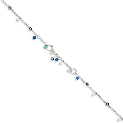 Image of 9" Sterling Silver Simulated Turquoise & Cultured Freshwater Pearl Anklet