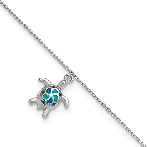 9"+1" Rhodium-plated Sterling Silver Synthetic Blue Opal Turtle Anklet