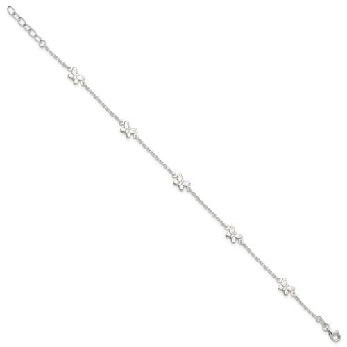 9"+1" Sterling Silver Polished Sideways Butterfly Anklet