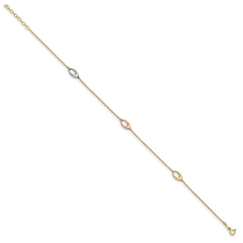 9.5"+1" 14K Yellow, White & Rose Gold Polished Anklet