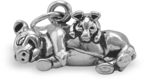 Image of Adorable Oxidized Pig with Piglet Charm 925 Sterling Silver