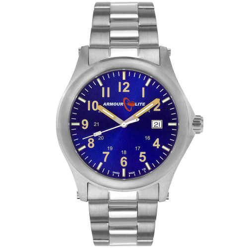 Image of ArmourLite Field Series Tritium Mens Watch AL103 - Swiss Made - 42mm - Blue Dial - Shatterproof Armourglass - Steel Band