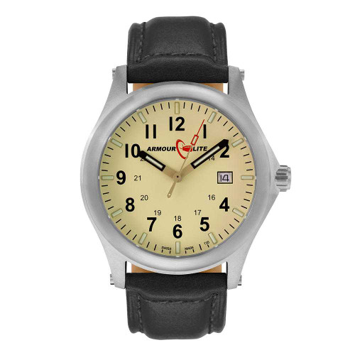Image of ArmourLite Field Series Tritium Mens Watch AL112 - Swiss Made - 42mm - Beige Dial - Shatterproof Armourglass - Black Genuine Leather Band