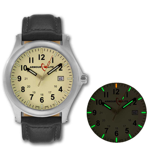 Image of ArmourLite Field Series Tritium Mens Watch AL112 - Swiss Made - 42mm - Beige Dial - Shatterproof Armourglass - Black Genuine Leather Band