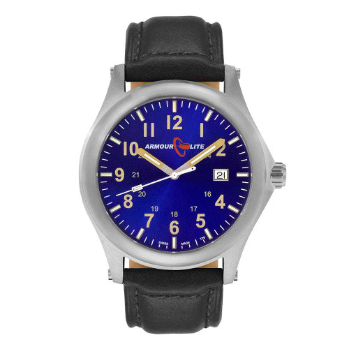 Image of ArmourLite Field Series Tritium Mens Watch AL113 - Swiss Made - 42mm - Blue Dial - Shatterproof Armourglass - Black Genuine Leather Band