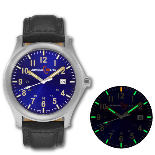 Image of ArmourLite Field Series Tritium Mens Watch AL113 - Swiss Made - 42mm - Blue Dial - Shatterproof Armourglass - Black Genuine Leather Band