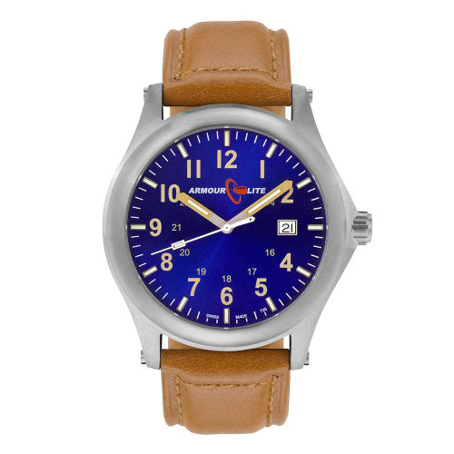 Image of ArmourLite Field Series Tritium Mens Watch AL123 - Swiss Made - 42mm - Blue Dial - Shatterproof Armourglass - Brown Genuine Leather Band