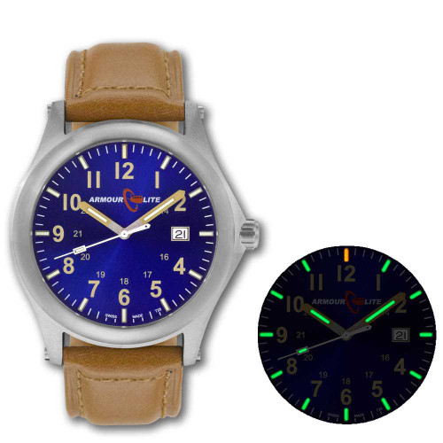 Image of ArmourLite Field Series Tritium Mens Watch AL123 - Swiss Made - 42mm - Blue Dial - Shatterproof Armourglass - Brown Genuine Leather Band
