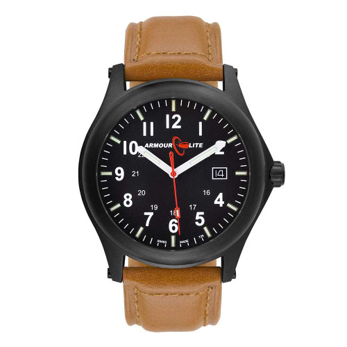 Image of ArmourLite Field Series Tritium Mens Watch AL124 - Swiss Made - 42mm - Shatterproof Armourglass - Brown Genuine Leather Band