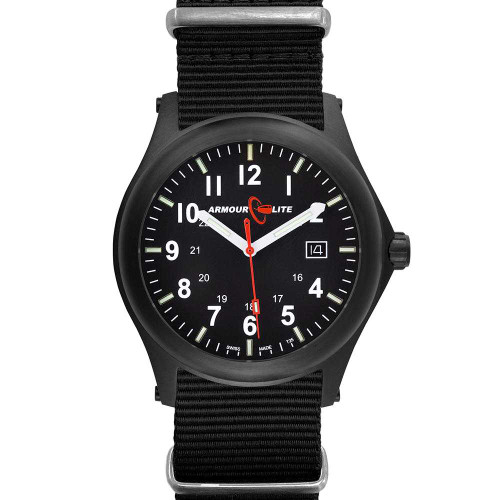 Image of ArmourLite Field Series Tritium Mens Watch AL144 - Swiss Made - 42mm - Black Dial White Numbers - Shatterproof Armourglass - Nylon Band