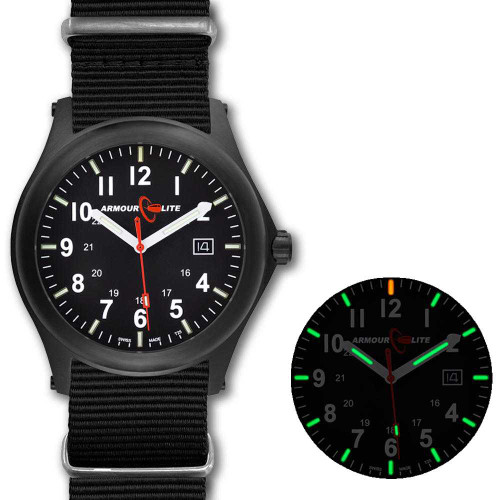 Image of ArmourLite Field Series Tritium Mens Watch AL144 - Swiss Made - 42mm - Black Dial White Numbers - Shatterproof Armourglass - Nylon Band