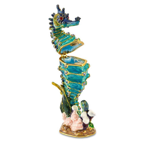 Image of Bejeweled Crystal Enameled Blue Seahorse Trinket Box