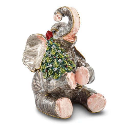 Bejeweled Crystal Enameled Elephant w/ Christmas Tree Trinket Box
