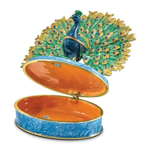 Image of Bejeweled PERO Peacock on Oval Trinket Box (Gifts)