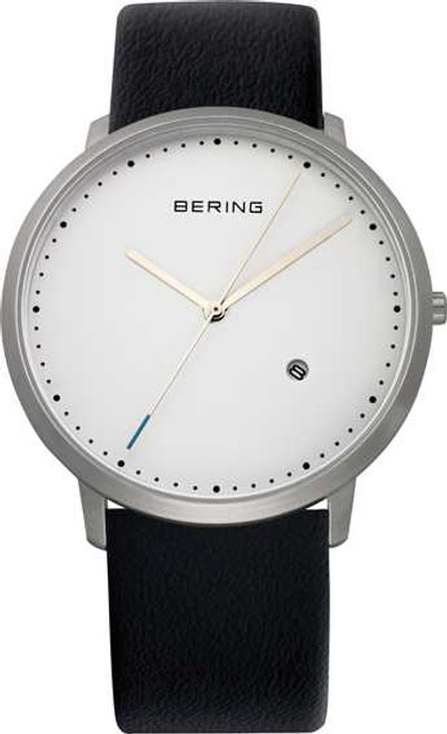 Image of Bering Time - Classic - Mens Black Leather Watch with White Dial 11139-404