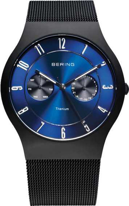 Image of Bering Time - Classic - Mens Black Titanium Case Mesh Multifunction Watch with Blue Dial 11939-078