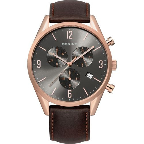 Bering Time - Classic - Mens Pink & Brown Leather Chronograph Watch with Grey Dial 10542-562
