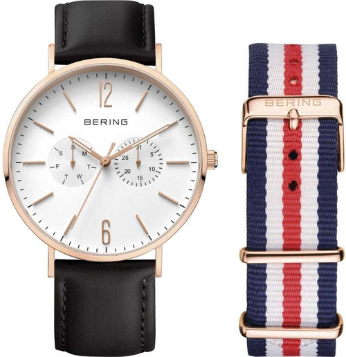 Image of Bering Time - Classic - Unisex Pink Multifunction Watch w/ 2 Straps (Black Leather & Blue/Red Nylon) 14240-464