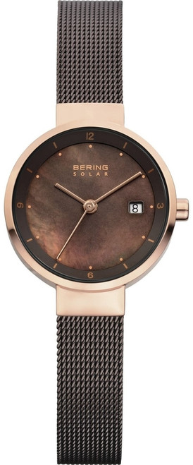 Bering Time - Solar - Ladies Pink & Brown Milanese Mesh Watch w/ Date (Womens) 14426-265