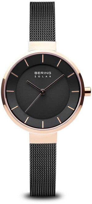 Image of Bering Time Watch - Solar Ladies Pink Case and Black Mesh Band 14631-166