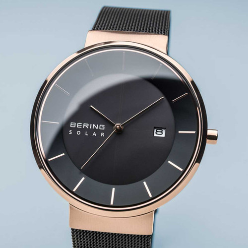 Image of Bering Time Watch - Solar Ladies Pink Case and Black Mesh Band 14639-166