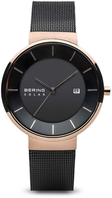 Image of Bering Time Watch - Solar Ladies Pink Case and Black Mesh Band 14639-166