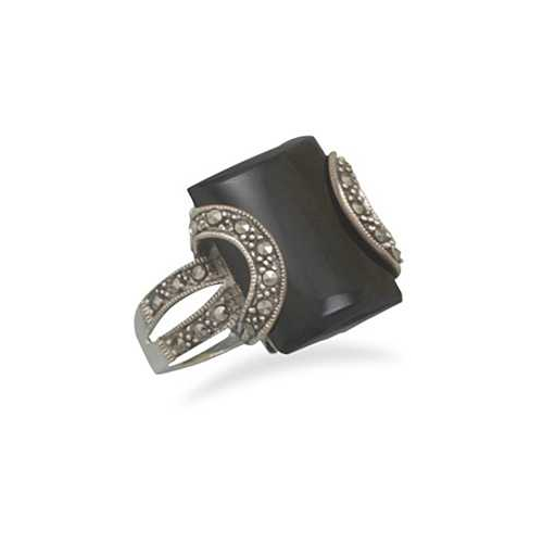 Image of Black Onyx and Marcasite Ring 925 Sterling Silver - LIMITED STOCK