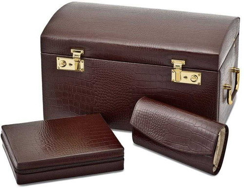 Image of Brown Crocodile-Textured Leather Jewelry Case with Removable Jewelry Wallet and Travel Case