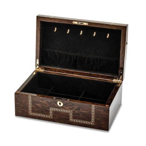 Image of Tiger Eye Veneer with Scrolled Inlay Locking Wooden Jewelry Chest