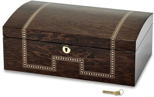 Image of Tiger Eye Veneer with Scrolled Inlay Locking Wooden Jewelry Chest
