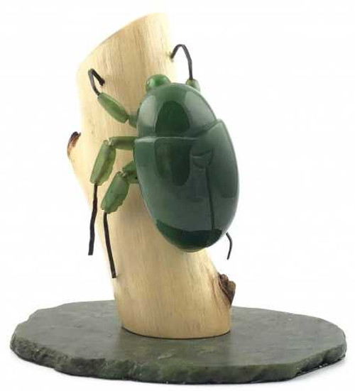 Image of Canadian Genuine Natural Nephrite Jade Beetle Figurine on Wood Base