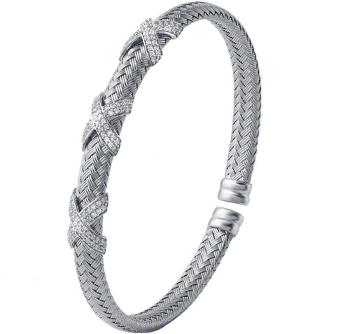 Image of Charles Garnier - "Asolo" - 6mm Rhodium-Plated Sterling Silver X CZ Cuff Bracelet