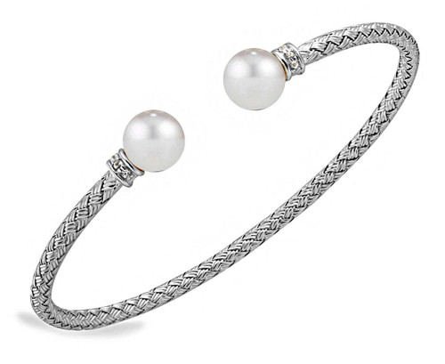 Image of Charles Garnier - "Luna" - 3mm Rhodium-Plated Sterling Silver Cuff Bracelet w/ Cultured Freshwater Pearl & CZ