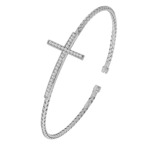 Charles Garnier - Raven - 2mm Rhodium-Plated Sterling Silver CZ Cross Cuff Bracelet