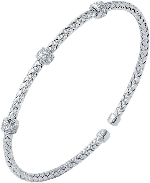 Image of Charles Garnier - "Torino" - 3mm Rhodium-Plated Sterling Silver Woven CZ Cuff Bracelet