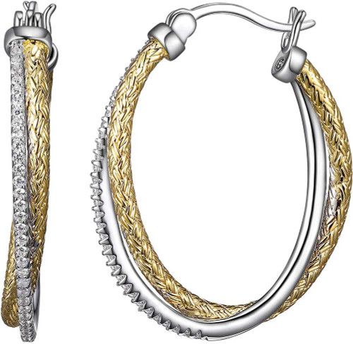 Image of Charles Garnier - 30mm Rhodium & Gold Plated Sterling Silver Oval Double Hoop Earrings w/ CZs