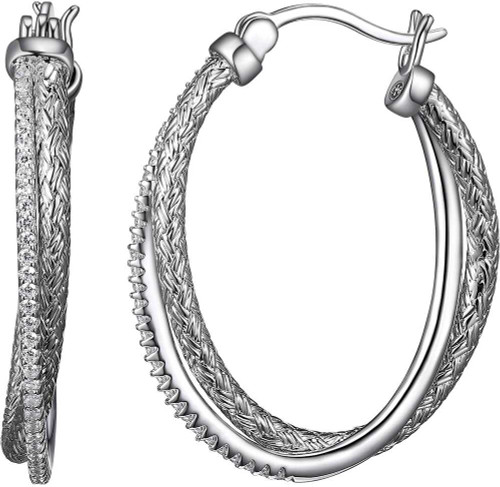 Image of Charles Garnier - 30mm Rhodium Plated Sterling Silver Oval Double Hoop Earrings w/ CZs