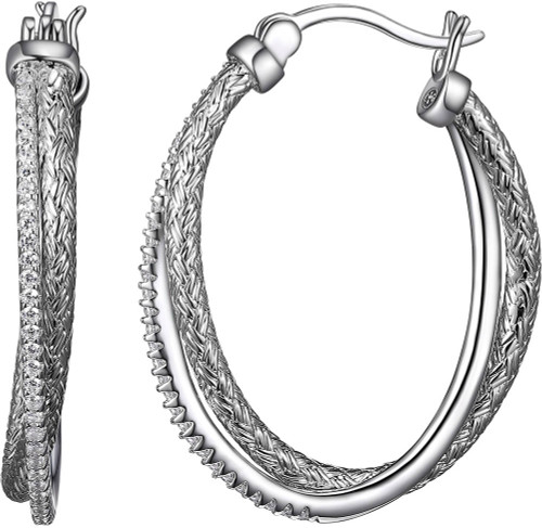 Charles Garnier - 30mm Rhodium Plated Sterling Silver Oval Double Hoop Earrings w/ CZs